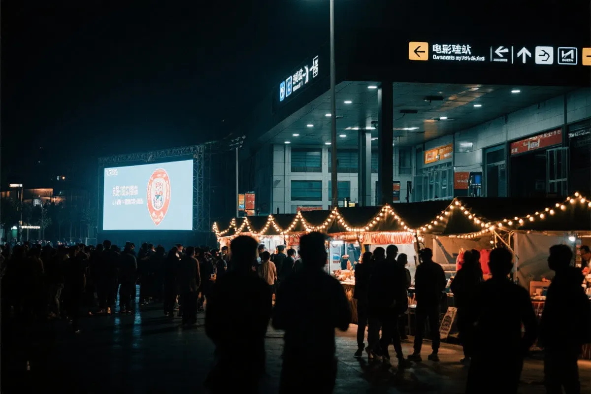 费城球迷广场夜景：大屏观赛人群、步行指示牌与公共交通入口